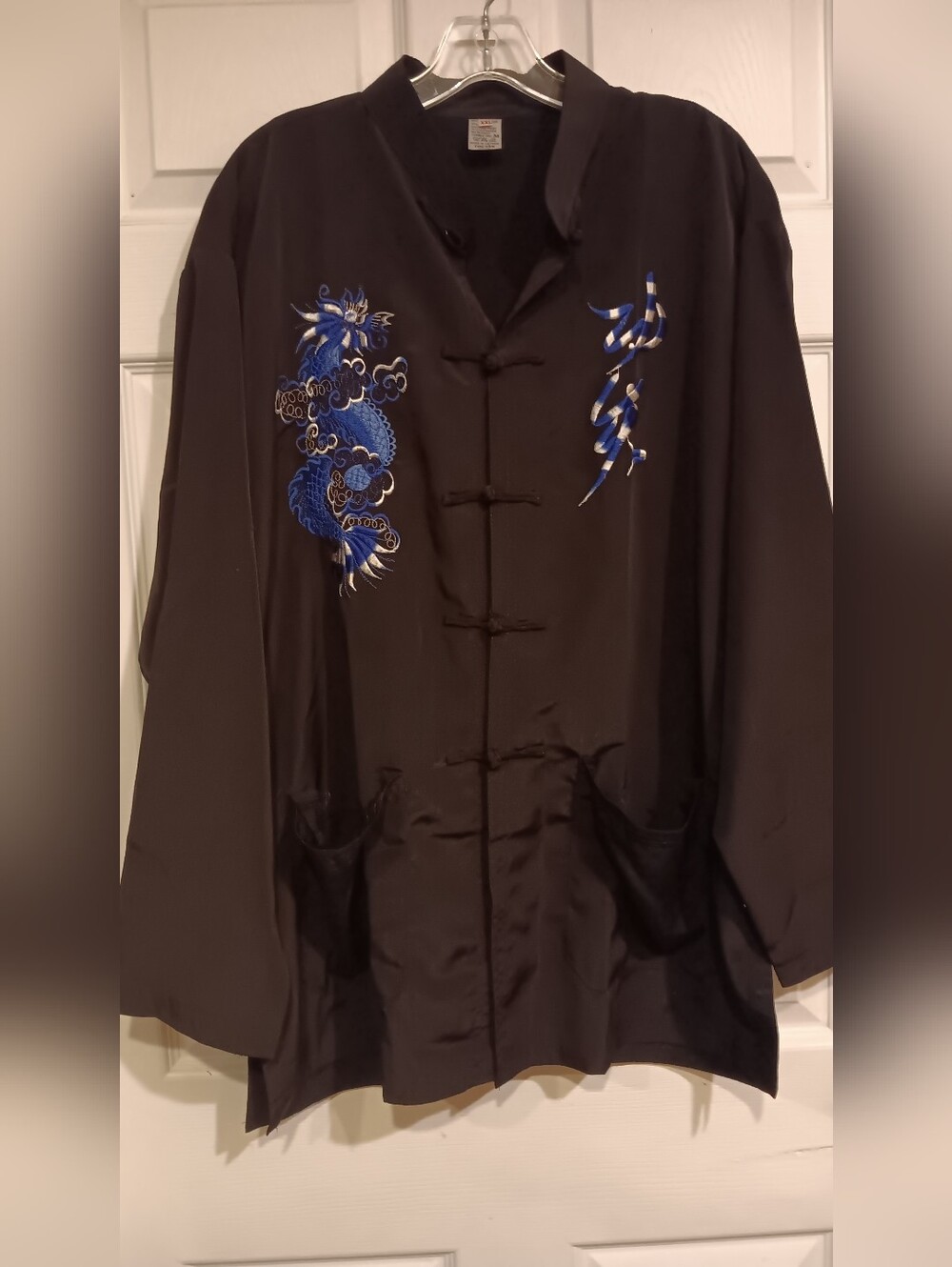 Black Satin Mandarin Jacket with Blue Dragon Embroidery